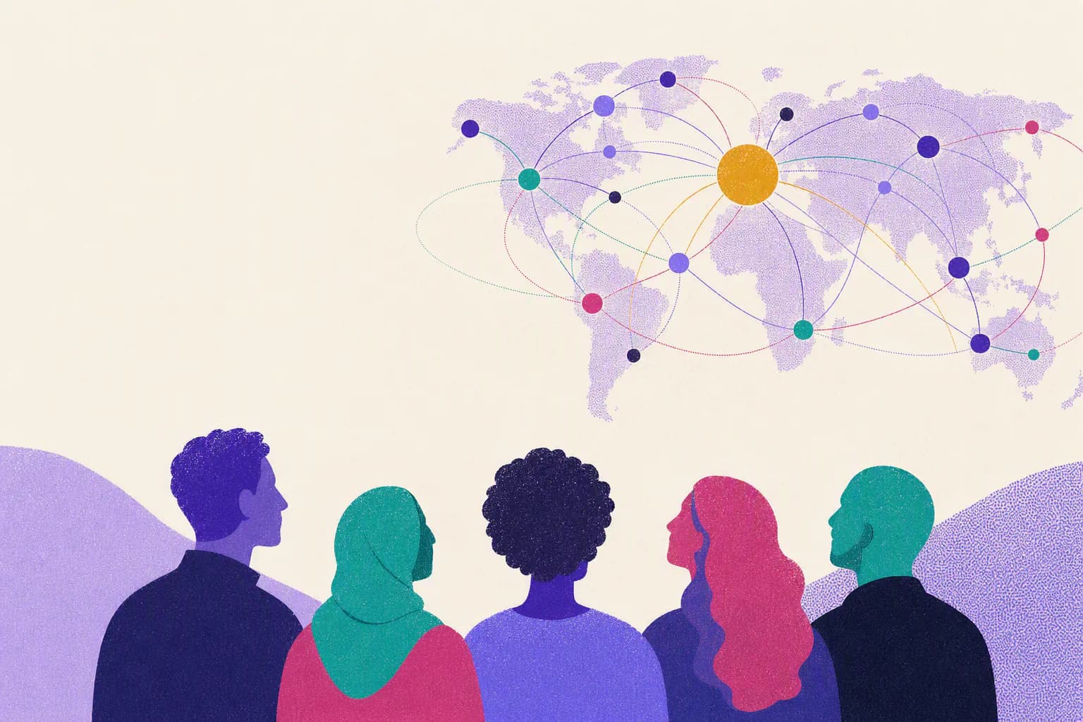 A network of nodes joined by thin arcs across a simplified landmass, standing for two national classifications linking up.