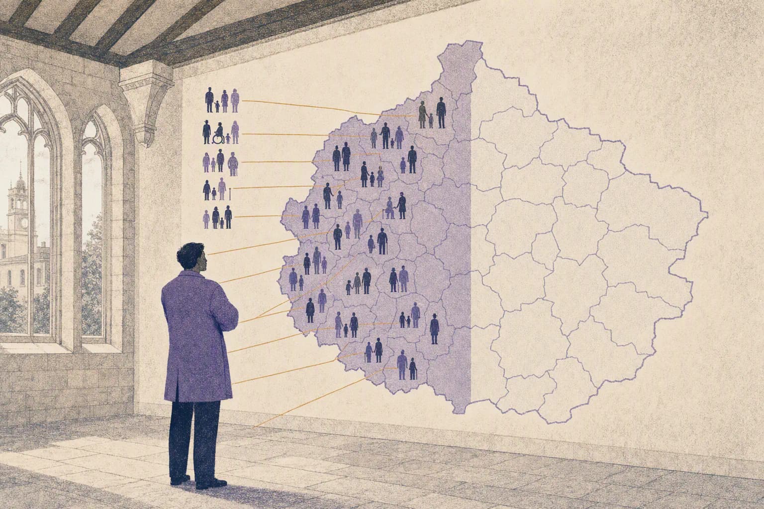 A screen-printed illustration of a council officer in a civic hall looking at a large wall map of one English region. Residents are drawn onto the left half of the map and joined to districts by fine lines; the right half is drawn but empty.