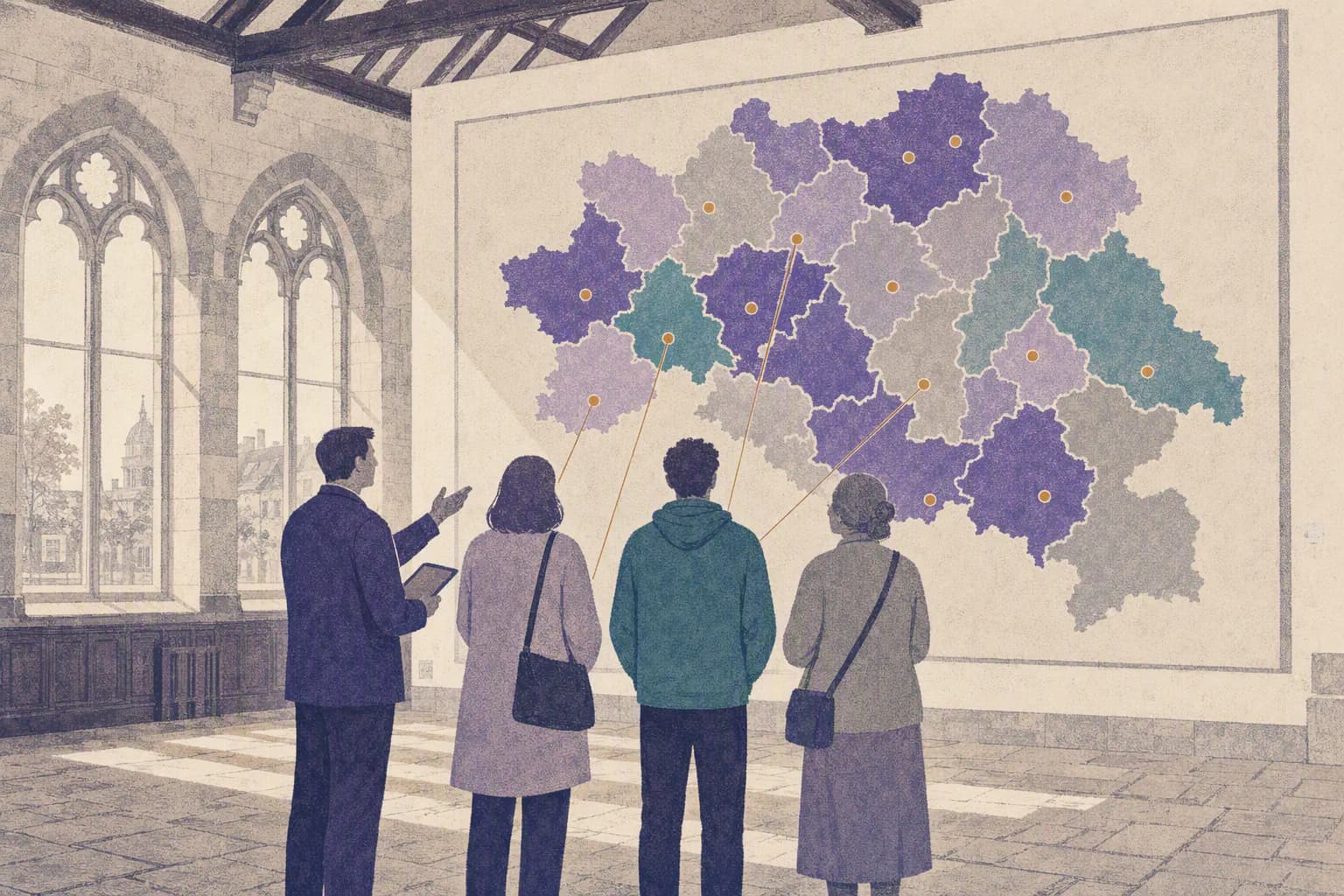 An officer and three residents stand in a civic hall looking up at a wall map of one English region, built from interlocking districts with gold points marking where work is available.