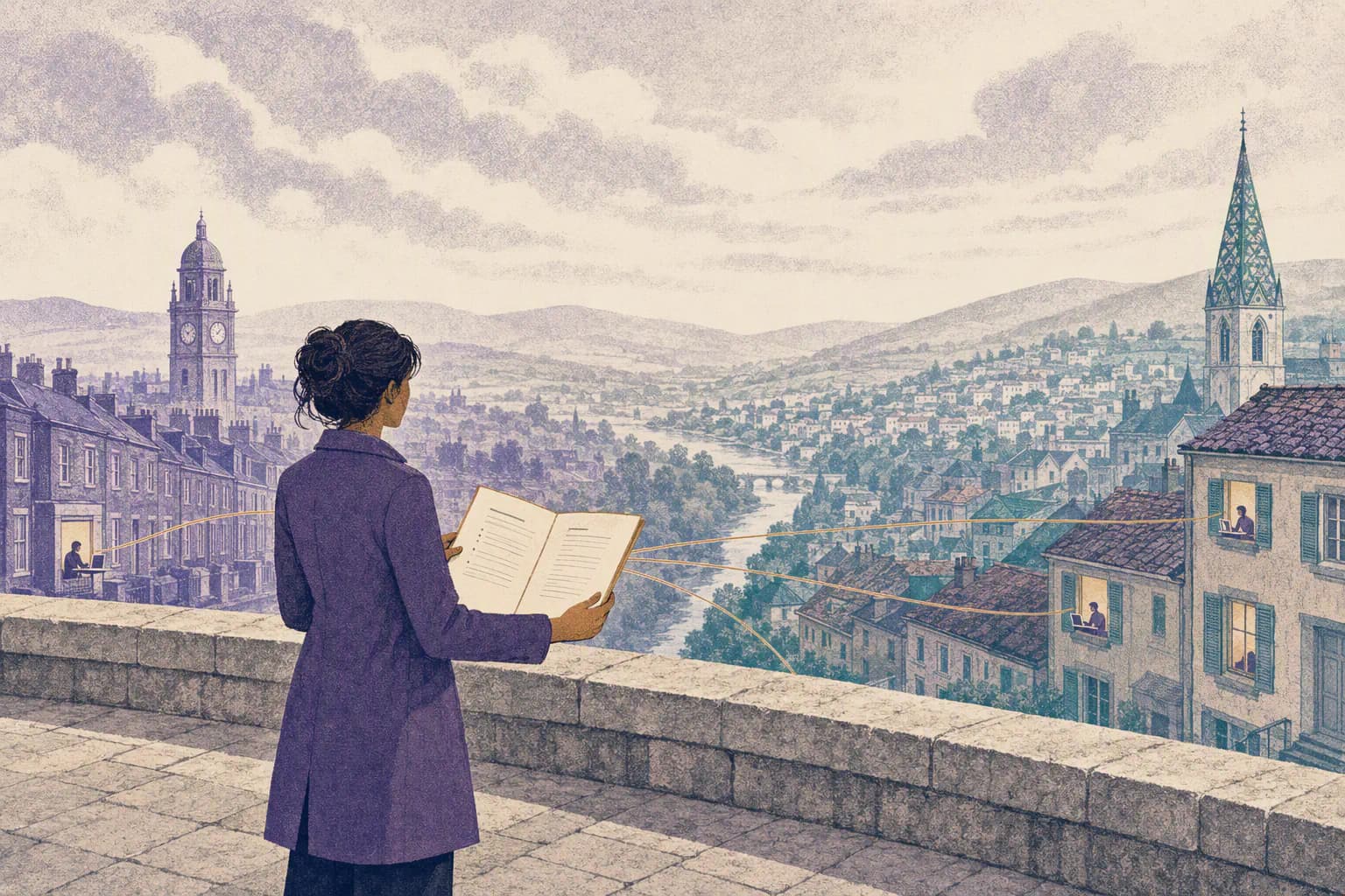 A screen-printed illustration of a woman on a stone terrace holding an open folder, with fine lines running from it to lit windows in the valley below, a British town on the left and a continental European one on the right.
