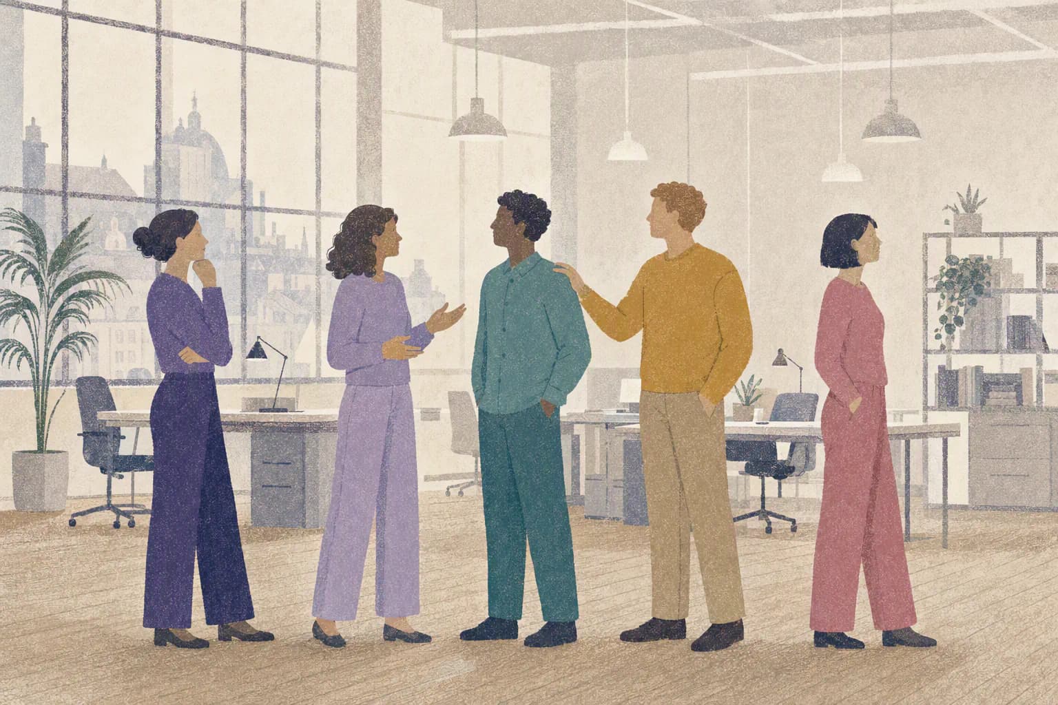 A screen-printed illustration of five colleagues standing apart in an open-plan office, each in a different colour, two in conversation and one steadying another.