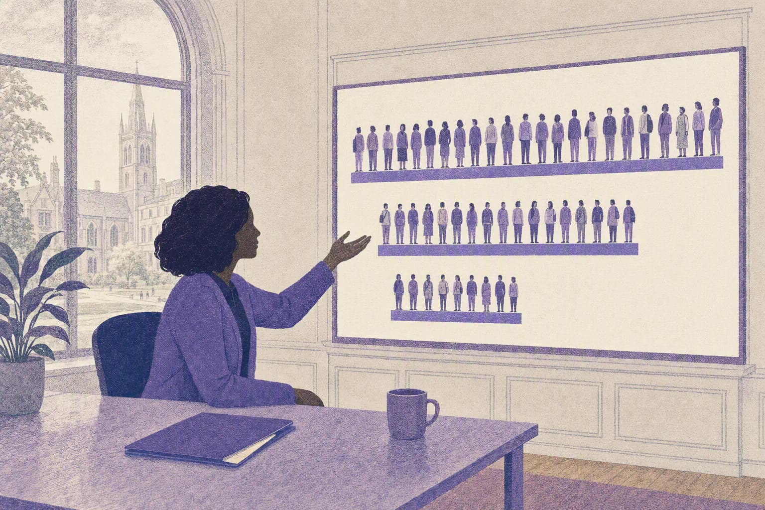 A careers adviser at a desk gestures towards a wall display showing a student cohort as three groups of small figures of decreasing size, each on a bar the width of its group.